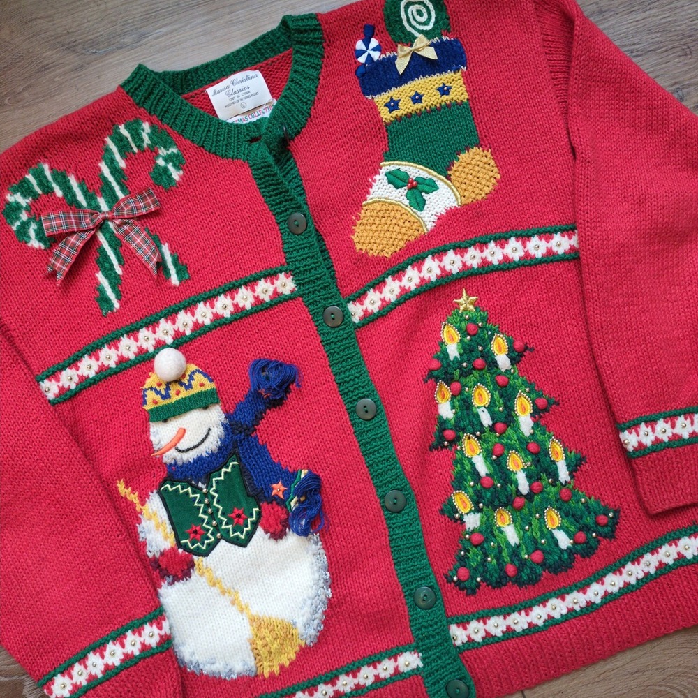 Vtg 90 Marisa Christina Classics 2-Sided Christmas Holiday Cardigan Sweater L‎